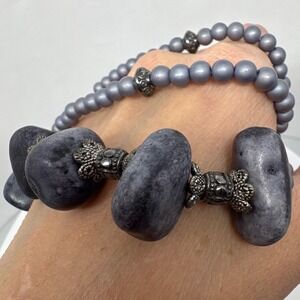 Boho Chunky Purple Stone Nugget Statement Necklace Grey Beads Silver Tone 24"